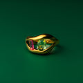 Sierra's gemstone gold ring with gemstones on a green background