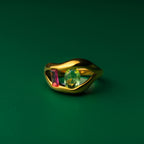 Sierra's gemstone gold ring with gemstones on a green background